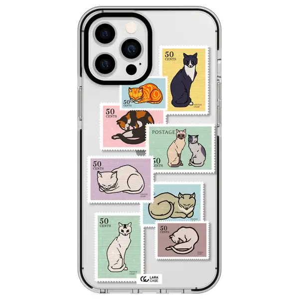 a collage of cats on stamps Apple iPhone 12 pro max impact black border Case