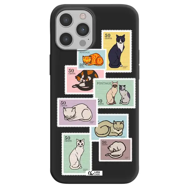 a collage of cats on stamps Apple iPhone 12 pro max Silicone black Case