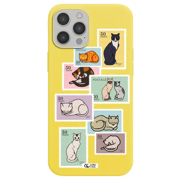 a collage of cats on stamps Apple iPhone 12 pro max Silicone canary yellow Case