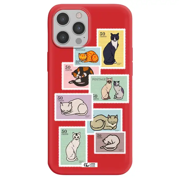 a collage of cats on stamps Apple iPhone 12 pro max Silicone Imperial Red Case