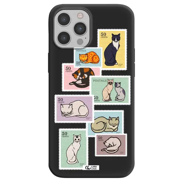 a collage of cats on stamps Apple iPhone 12 pro Silicone black Case