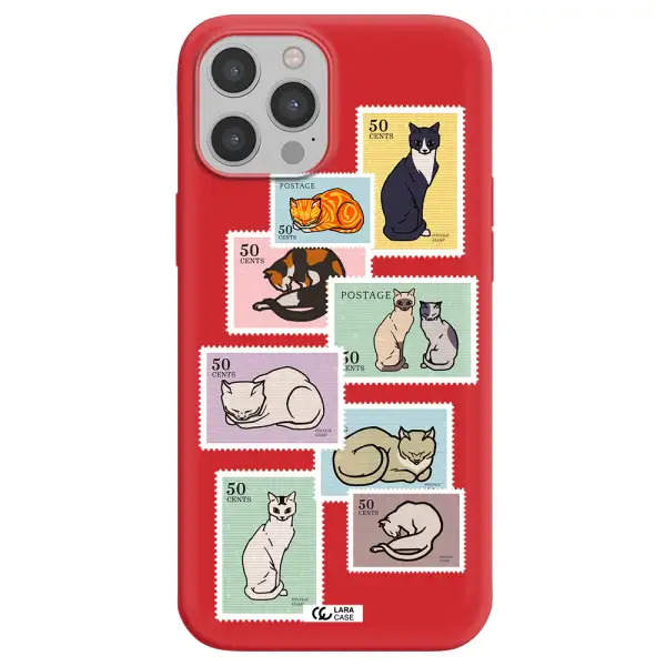 a collage of cats on stamps Apple iPhone 12 pro Silicone Imperial Red Case