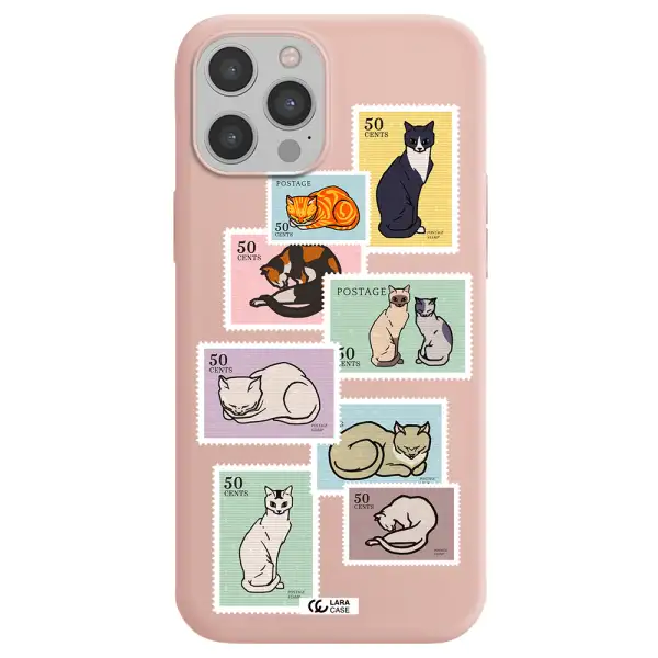 a collage of cats on stamps Apple iPhone 12 pro Silicone pastel pink Case