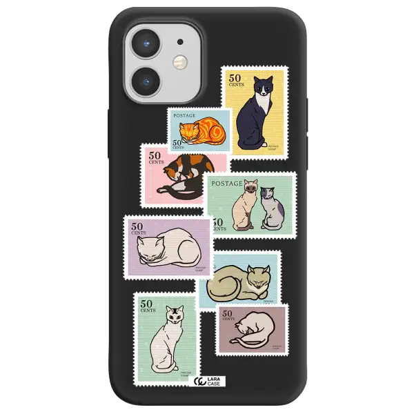 a collage of cats on stamps Apple iPhone 12 Silicone black Case