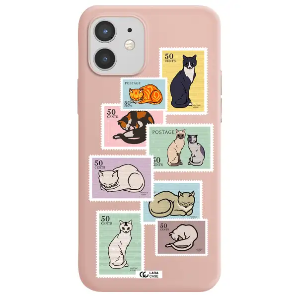 a collage of cats on stamps Apple iPhone 12 Silicone pastel pink Case