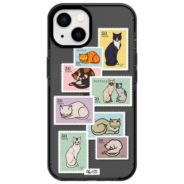a collage of cats on stamps Apple iPhone 13 impact Smoke Black Case
