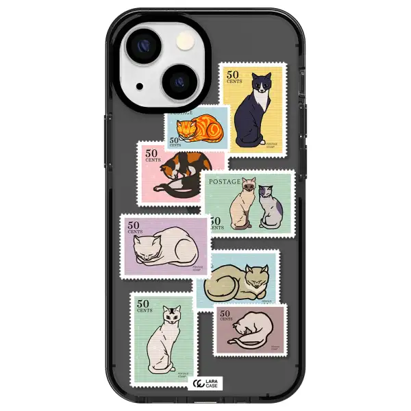 a collage of cats on stamps Apple iPhone 13 mini impact Smoke Black Case