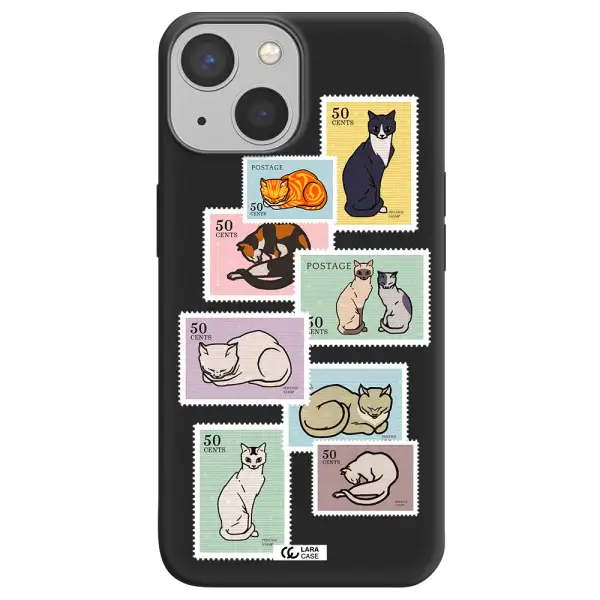 a collage of cats on stamps Apple iPhone 13 mini Silicone black Case