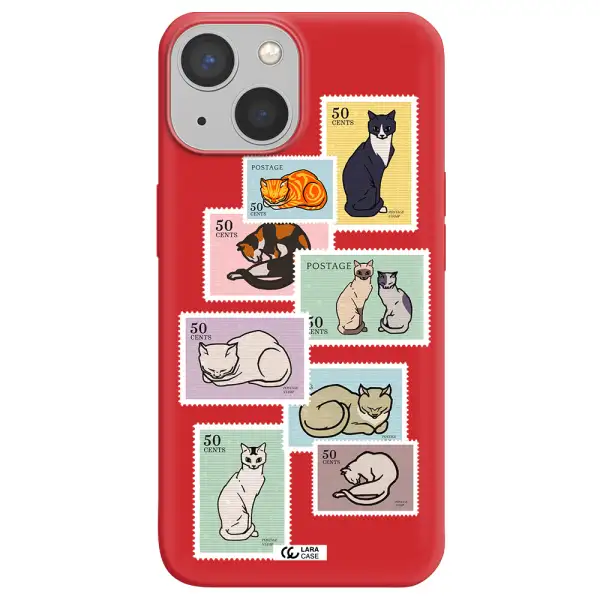 a collage of cats on stamps Apple iPhone 13 mini Silicone Imperial Red Case
