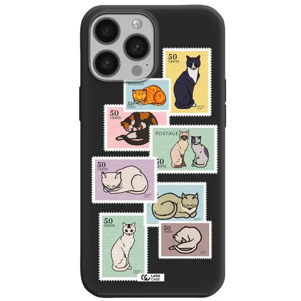a collage of cats on stamps Apple iPhone 13 Pro Max Silicone black Case