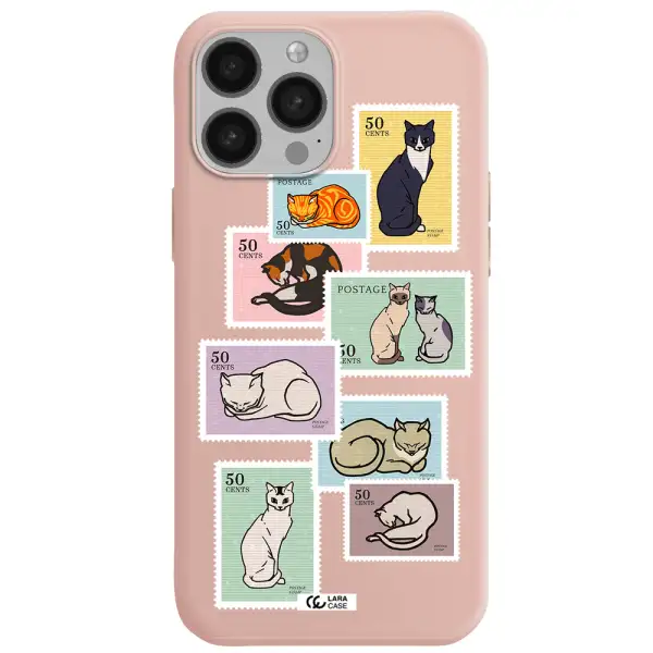 a collage of cats on stamps Apple iPhone 13 Pro Max Silicone pastel pink Case