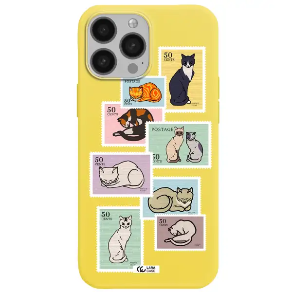a collage of cats on stamps Apple iPhone 13 Pro Silicone canary yellow Case
