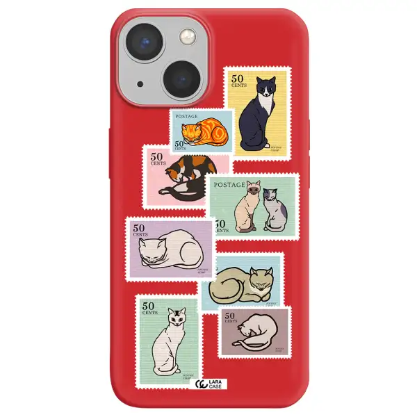 a collage of cats on stamps Apple iPhone 13 Silicone Imperial Red Case
