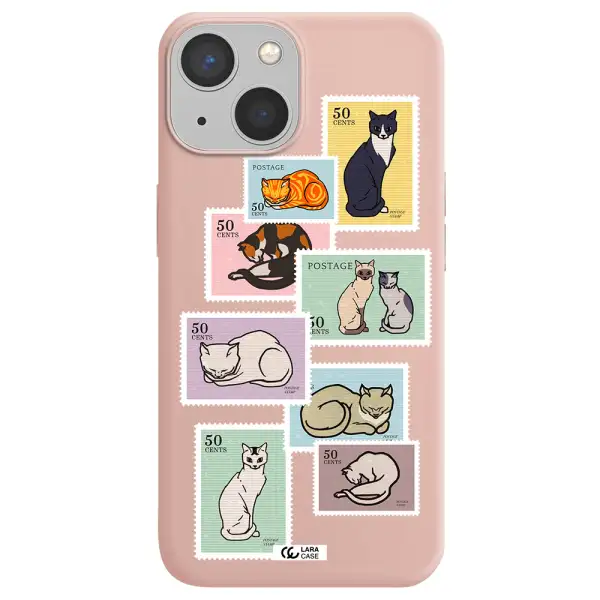a collage of cats on stamps Apple iPhone 13 Silicone pastel pink Case