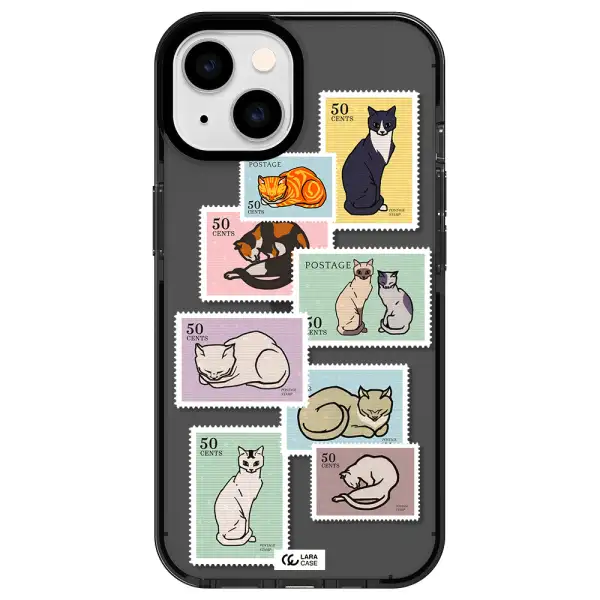 a collage of cats on stamps Apple iPhone 14 impact Smoke Black Case