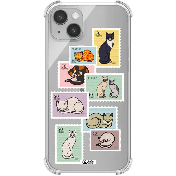 a collage of cats on stamps Apple iPhone 14 plus Clear PC Case