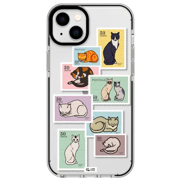 a collage of cats on stamps Apple iPhone 14 plus impact black border Case