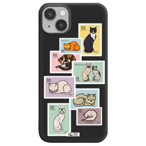 a collage of cats on stamps Apple iPhone 14 plus Silicone black Case