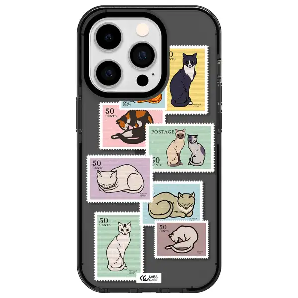 a collage of cats on stamps Apple iPhone 14 pro impact Smoke Black Case