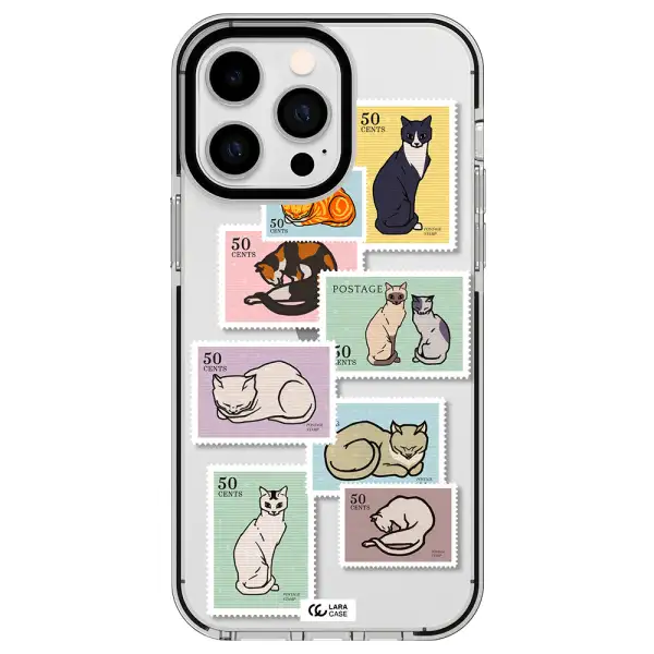 a collage of cats on stamps Apple iPhone 14 pro max impact black border Case