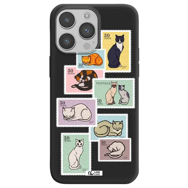 a collage of cats on stamps Apple iPhone 14 pro max Silicone black Case