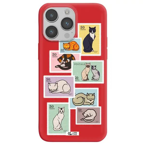 a collage of cats on stamps Apple iPhone 14 pro max Silicone Imperial Red Case