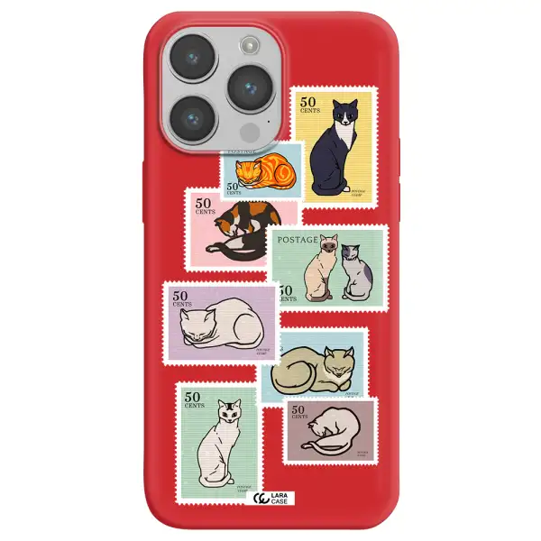 a collage of cats on stamps Apple iPhone 14 pro Silicone Imperial Red Case