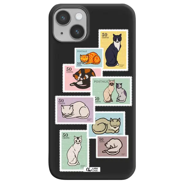 a collage of cats on stamps Apple iPhone 14 Silicone black Case