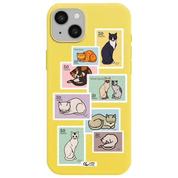 a collage of cats on stamps Apple iphone 15 plus Silicone canary yellow Case