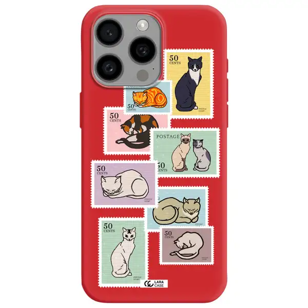 A Collage Of Cats On Stamps Apple Iphone 15 Pro Max Silicone Imperial Red Case