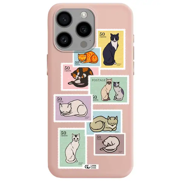 a collage of cats on stamps Apple Iphone 15 Pro max Silicone pastel pink Case