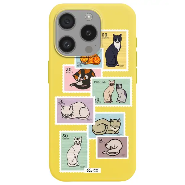 A Collage Of Cats On Stamps Apple Iphone 15 Pro Silicone Canary Yellow Case