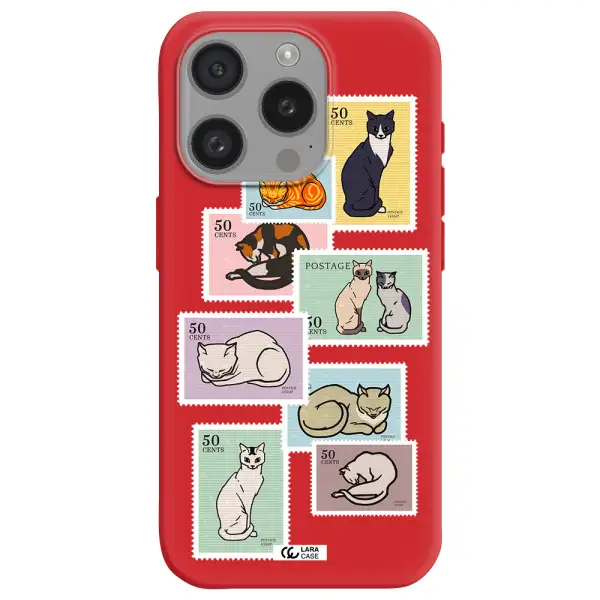 A Collage Of Cats On Stamps Apple Iphone 15 Pro Silicone Imperial Red Case
