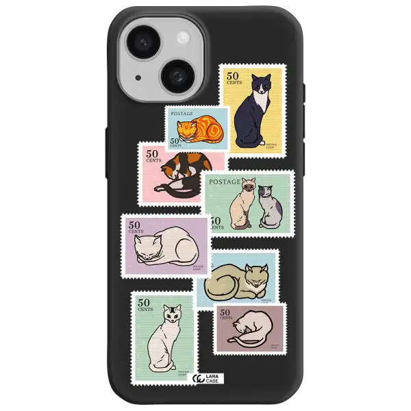 a collage of cats on stamps Apple iPhone 15 Silicone black Case