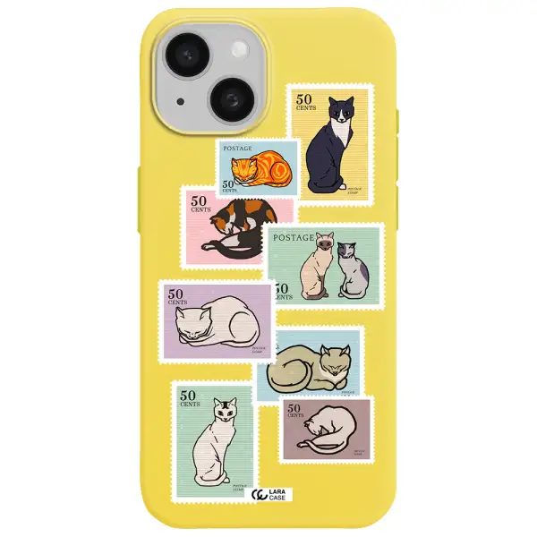 a collage of cats on stamps Apple iPhone 15 Silicone canary yellow Case