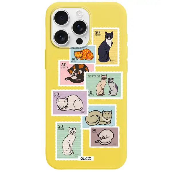 A Collage Of Cats On Stamps Apple Iphone 16 Pro Max Silicone Canary Yellow Case