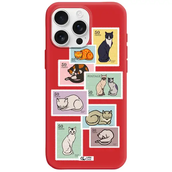 A Collage Of Cats On Stamps Apple Iphone 16 Pro Max Silicone Imperial Red Case