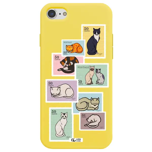 a collage of cats on stamps Apple iPhone 8 Silicone canary yellow Case