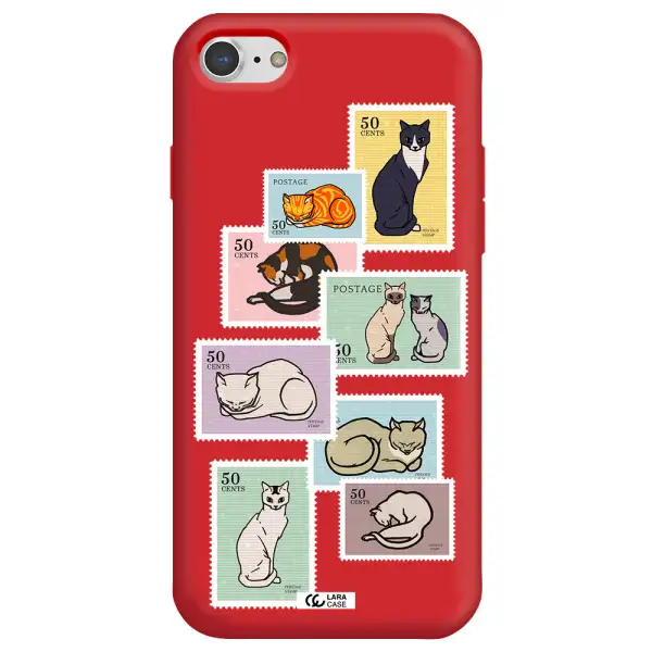a collage of cats on stamps Apple iPhone 8 Silicone Imperial Red Case