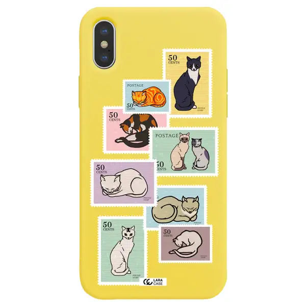 a collage of cats on stamps Apple iPhone XS Silicone canary yellow Case