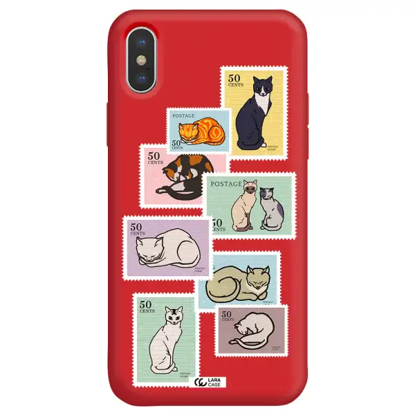 a collage of cats on stamps Apple iPhone XS Silicone Imperial Red Case