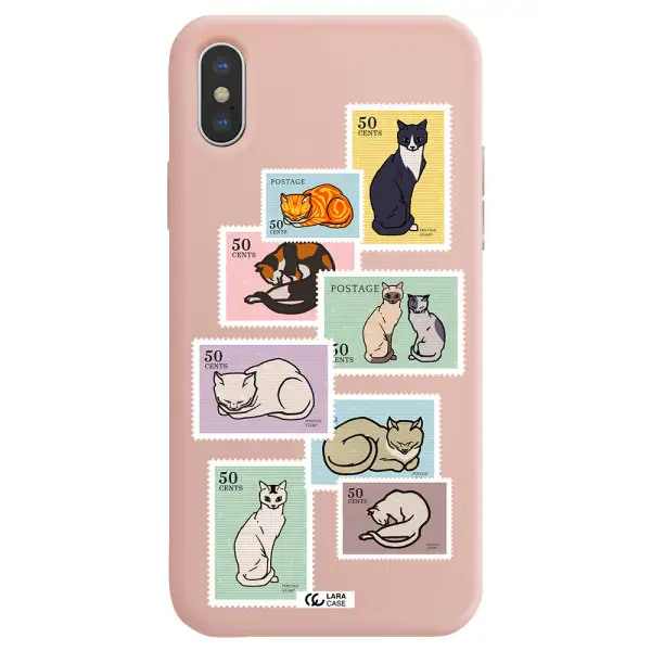 a collage of cats on stamps Apple iPhone XS Silicone pastel pink Case