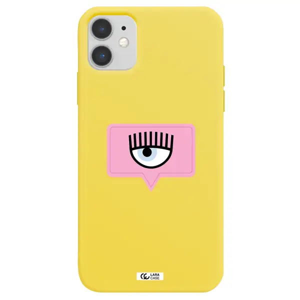 a pink chat bubble with eye and eyelashes Apple iPhone 11 Silicone canary yellow Case