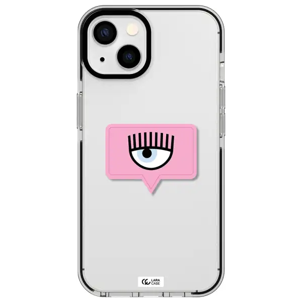 a pink chat bubble with eye and eyelashes Apple iPhone 13 impact black border Case