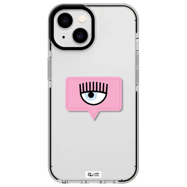 a pink chat bubble with eye and eyelashes Apple iPhone 14 impact black border Case