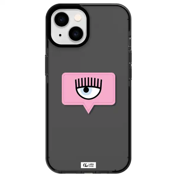 a pink chat bubble with eye and eyelashes Apple iPhone 14 impact Smoke Black Case