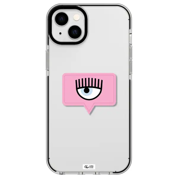 a pink chat bubble with eye and eyelashes Apple iPhone 14 plus impact black border Case