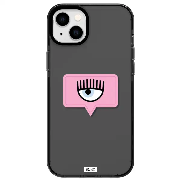 a pink chat bubble with eye and eyelashes Apple iPhone 14 plus impact Smoke Black Case