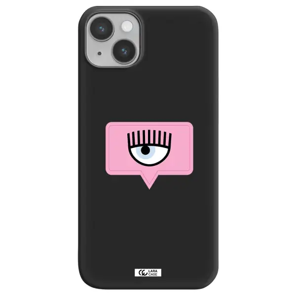 a pink chat bubble with eye and eyelashes Apple iPhone 14 plus Silicone black Case