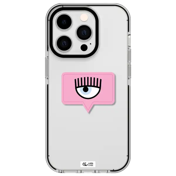 a pink chat bubble with eye and eyelashes Apple iPhone 14 pro impact black border Case